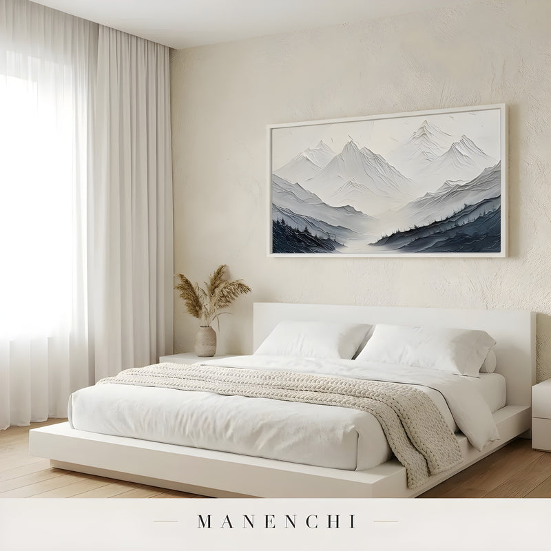 Monochrome Alpine Solitude abstract painting displayed in bedroom modern minimalist