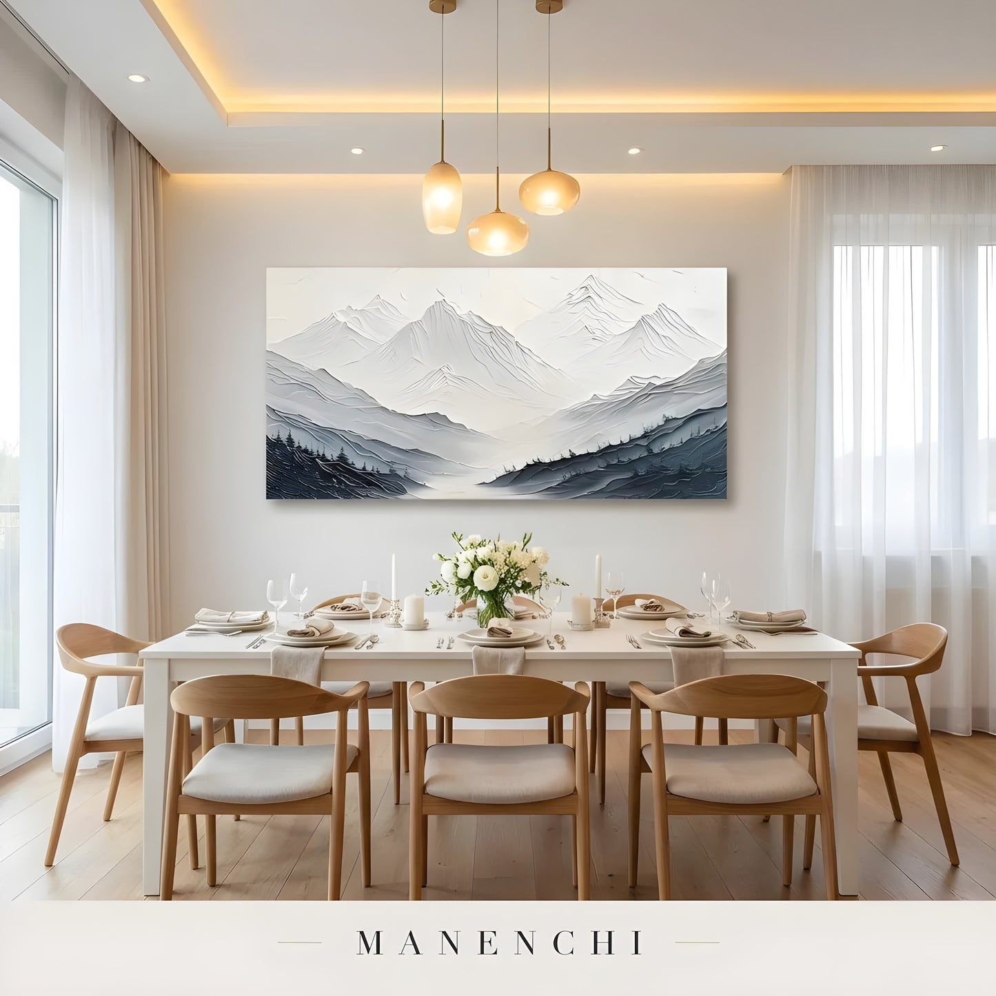 Monochrome Alpine Solitude abstract painting displayed in dining room interior