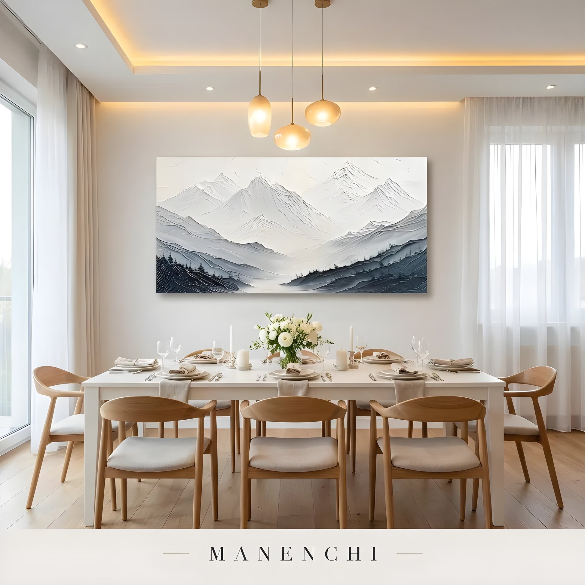Monochrome Alpine Solitude abstract painting displayed in dining room interior