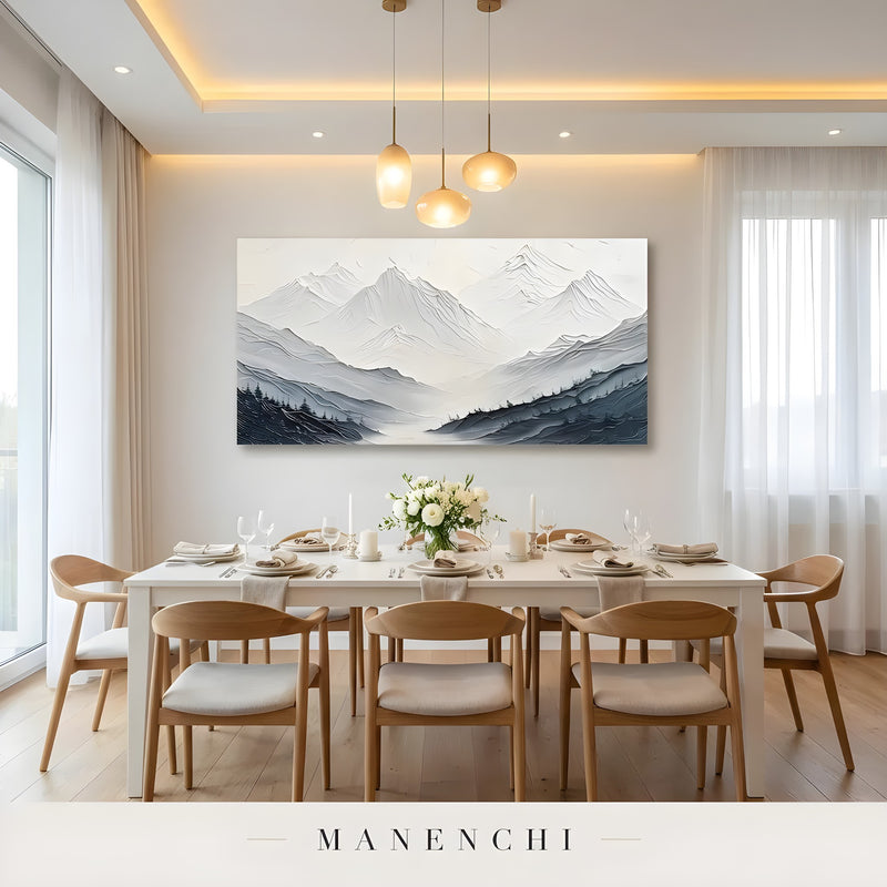 Monochrome Alpine Solitude abstract painting displayed in dining room interior