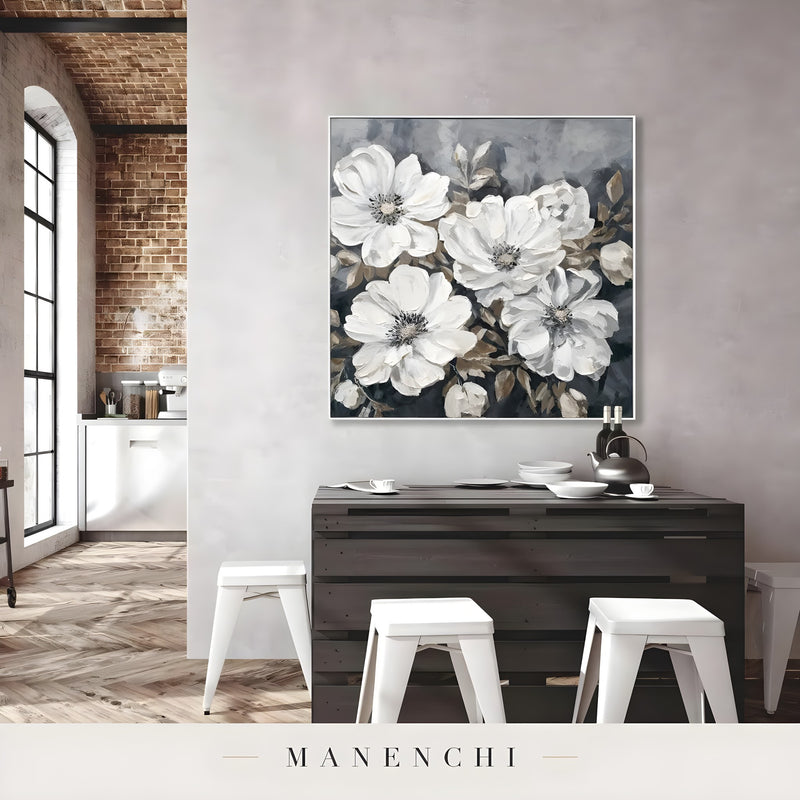Monochrome Botanical Heirloom abstract painting displayed in dining room wall art