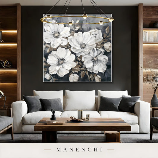 Monochrome Botanical Heirloom abstract painting displayed in living room sofa display