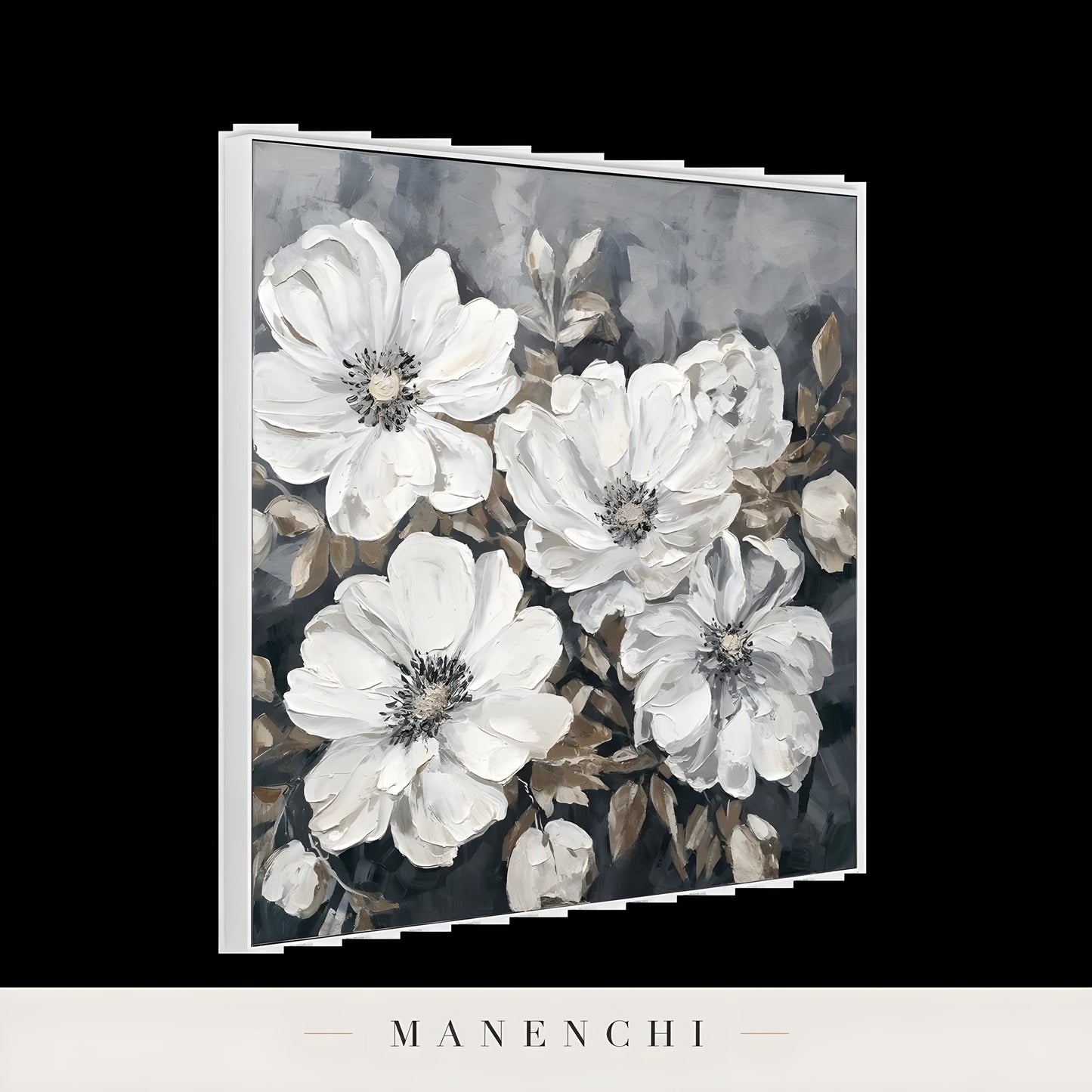 Monochrome Botanical Heirloom abstract painting displayed in side view canvas depth