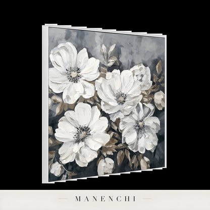 Monochrome Botanical Heirloom abstract painting displayed in side view canvas depth
