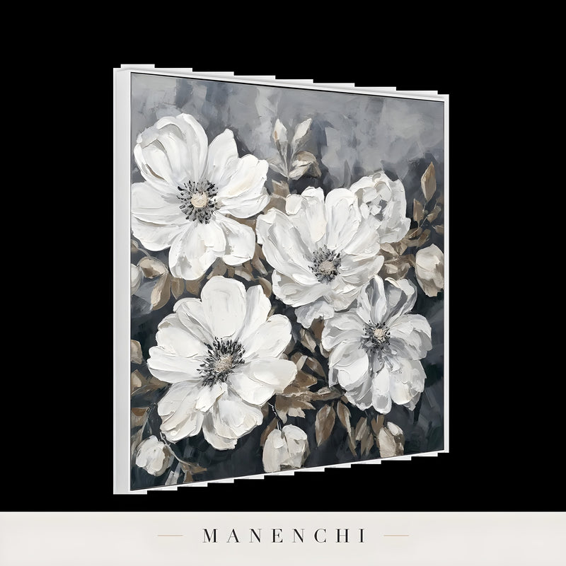 Monochrome Botanical Heirloom abstract painting displayed in side view canvas depth