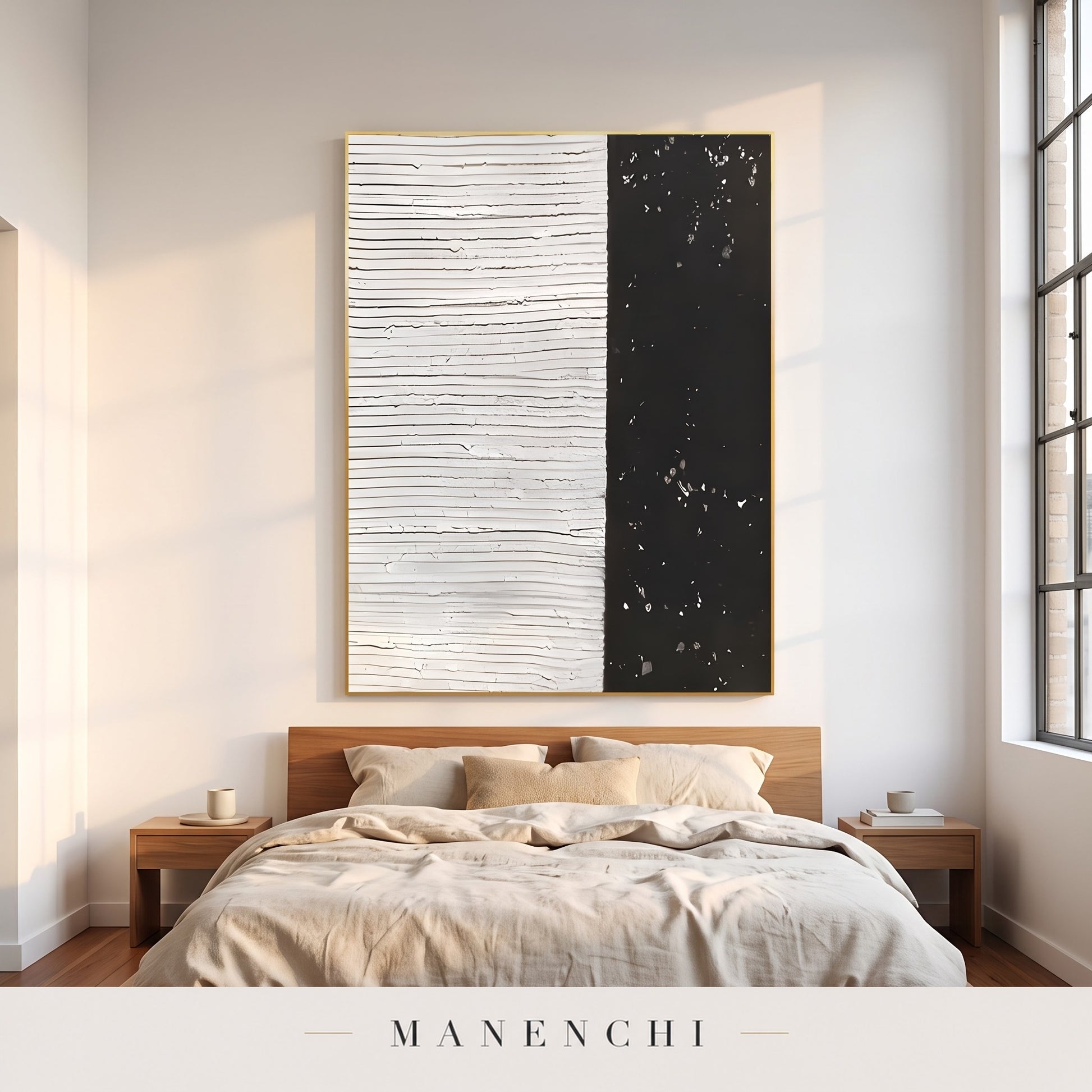 Monochrome Contrast abstract painting displayed in a modern bedroom