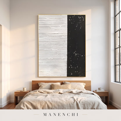 Monochrome Contrast abstract painting displayed in a modern bedroom