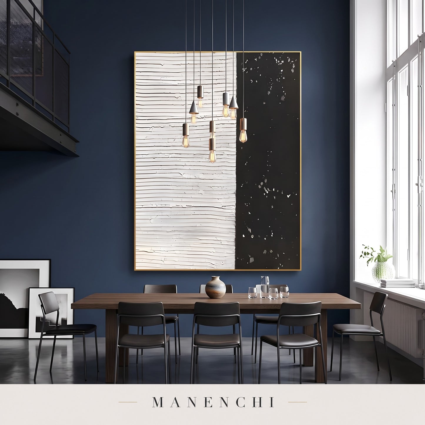 Monochrome Contrast abstract painting displayed in a dining room