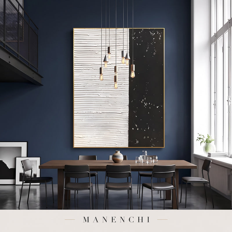 Monochrome Contrast abstract painting displayed in a dining room