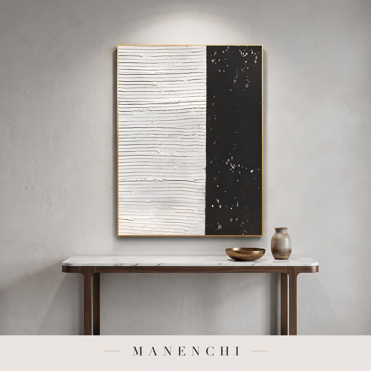 Monochrome Contrast abstract painting displayed in an entryway