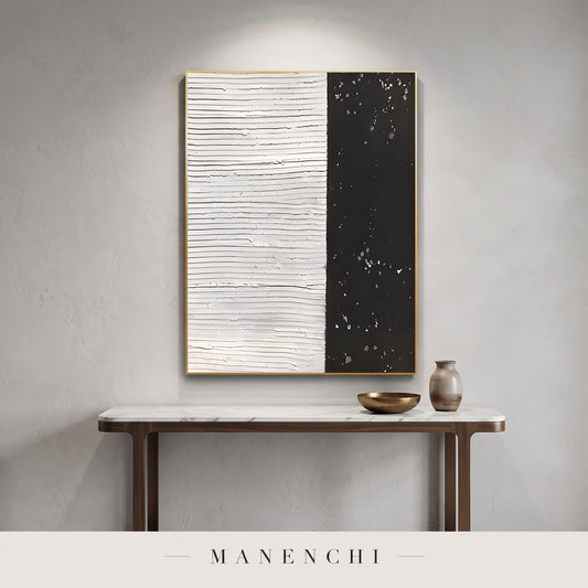 Monochrome Contrast abstract painting displayed in an entryway