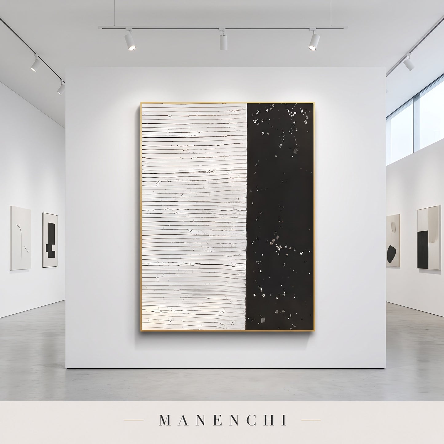 Monochrome Contrast abstract painting displayed in a gallery setting