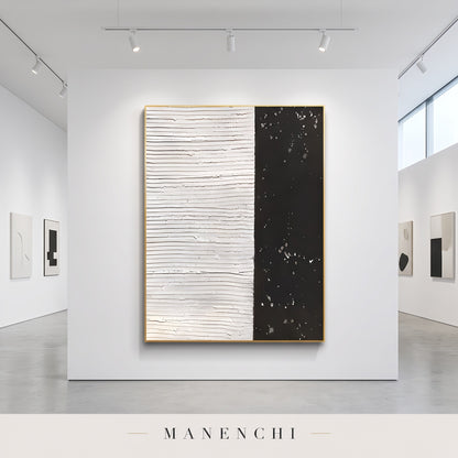 Monochrome Contrast abstract painting displayed in a gallery setting