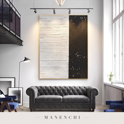 Monochrome Contrast abstract painting displayed in a modern living room