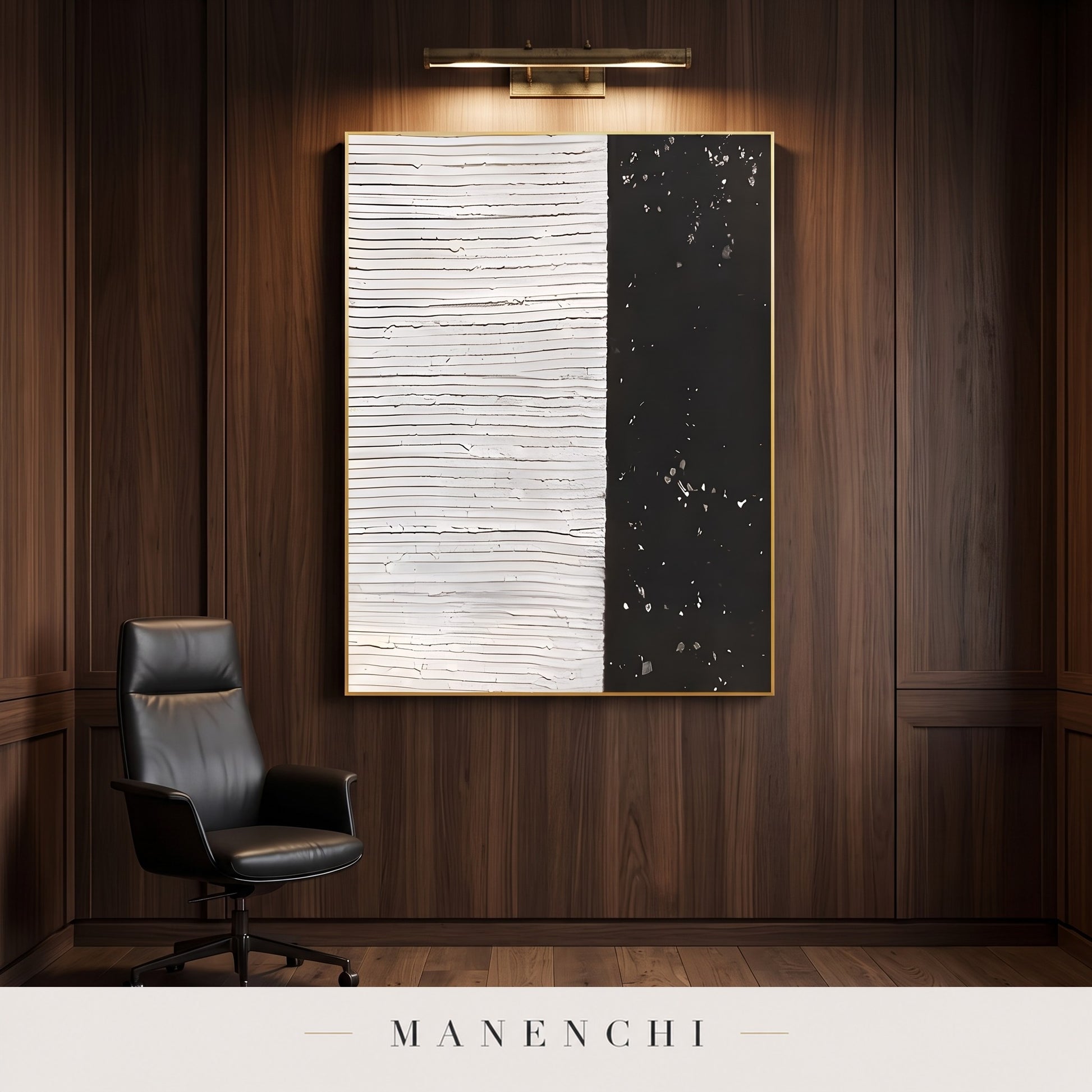 Monochrome Contrast abstract painting displayed in a study