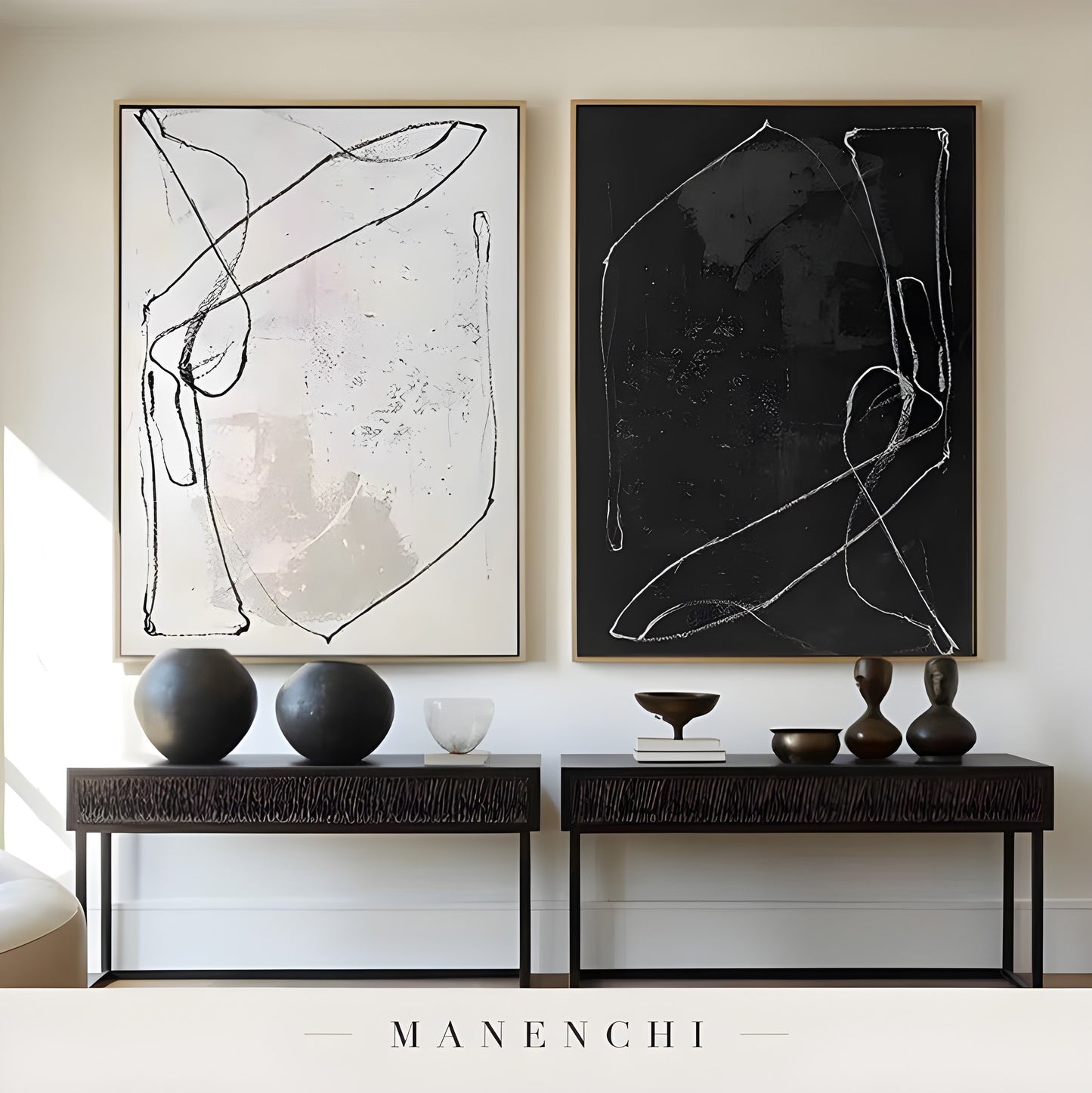Monochrome Duality abstract painting displayed in console table decor