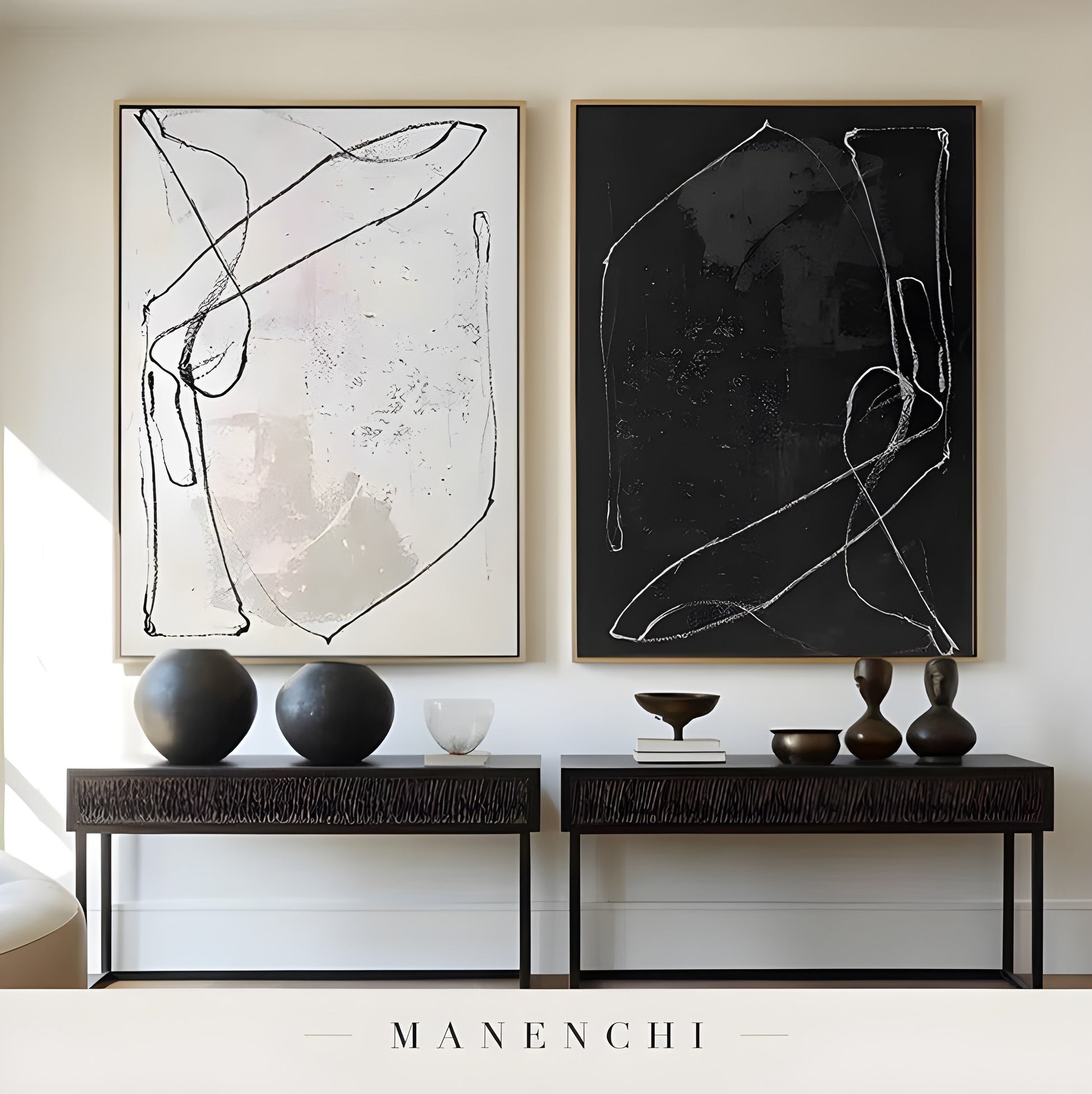 Monochrome Duality abstract painting displayed in console table decor