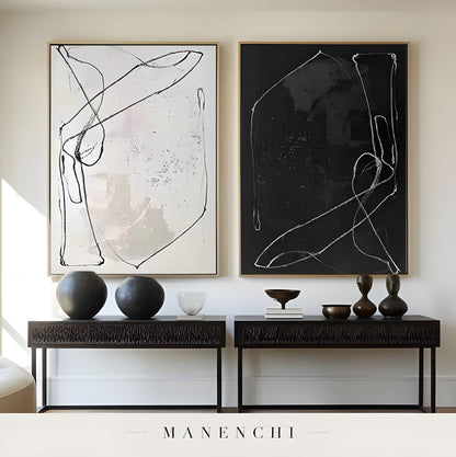 Monochrome Duality abstract painting displayed in console table decor