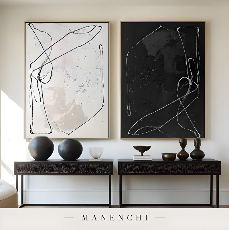 Monochrome Duality abstract painting displayed in console table decor