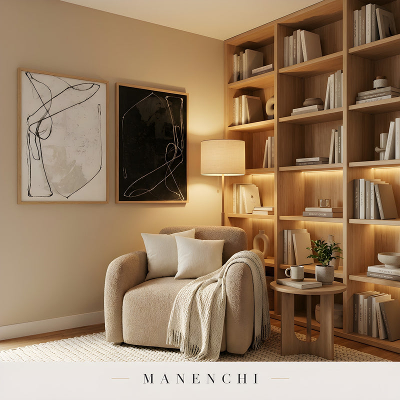 Monochrome Duality abstract painting displayed in cozy reading nook