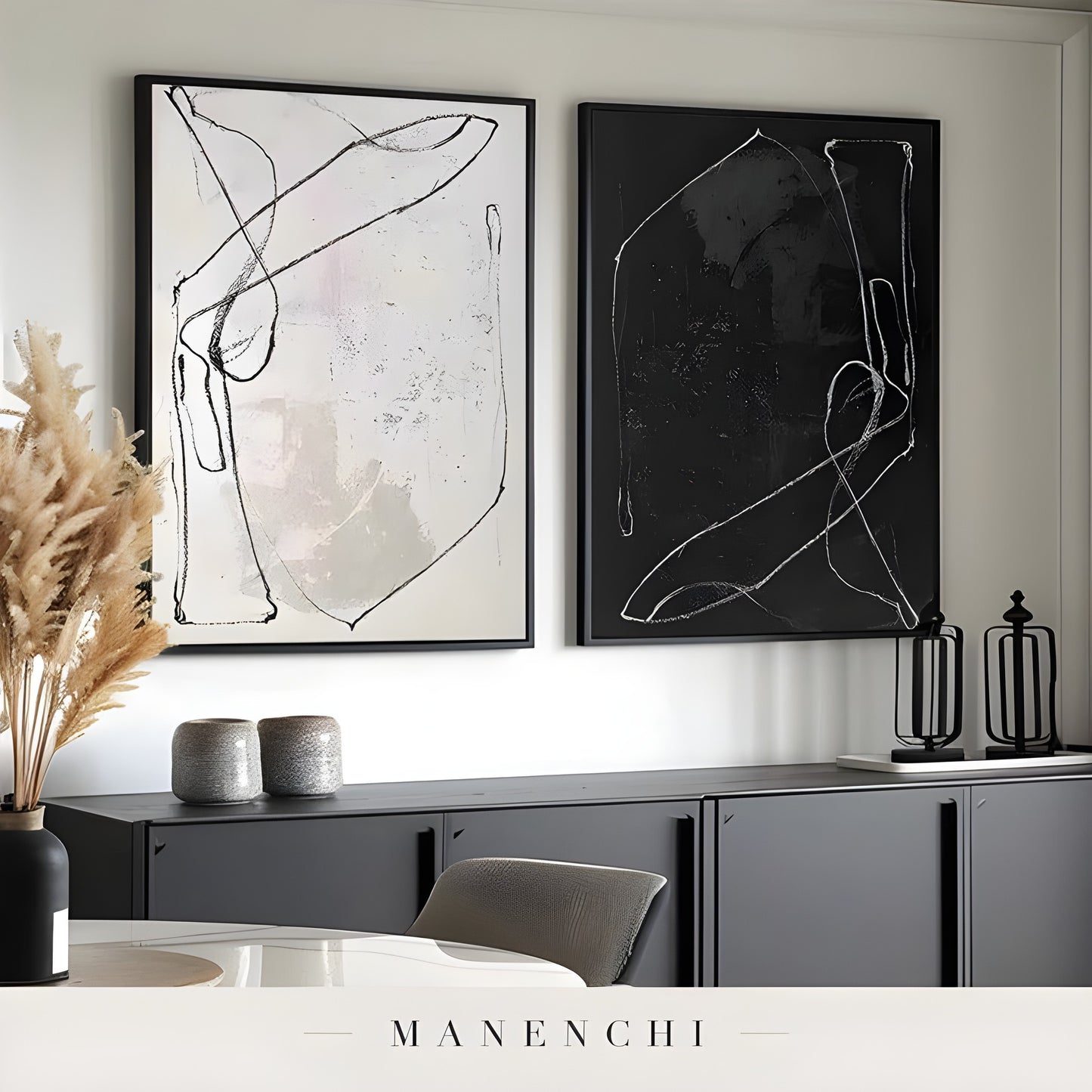 Monochrome Duality abstract painting displayed in dining room sideboard