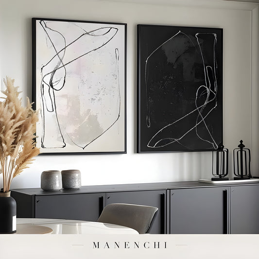 Monochrome Duality abstract painting displayed in dining room sideboard