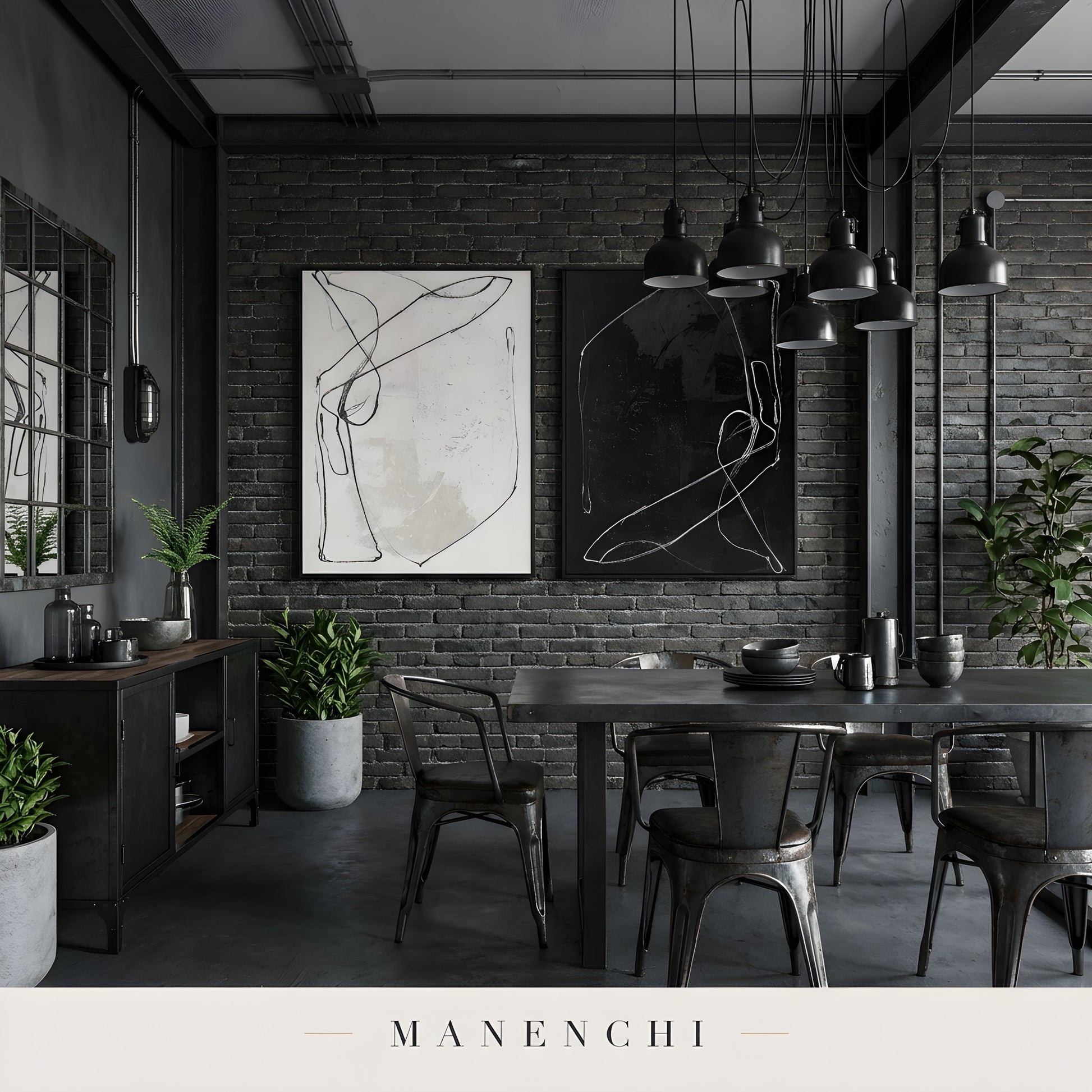 Monochrome Duality abstract painting displayed in industrial dining room
