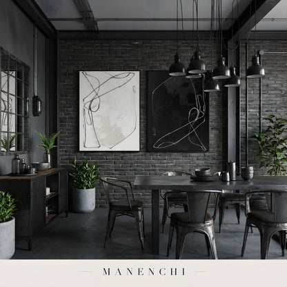Monochrome Duality abstract painting displayed in industrial dining room