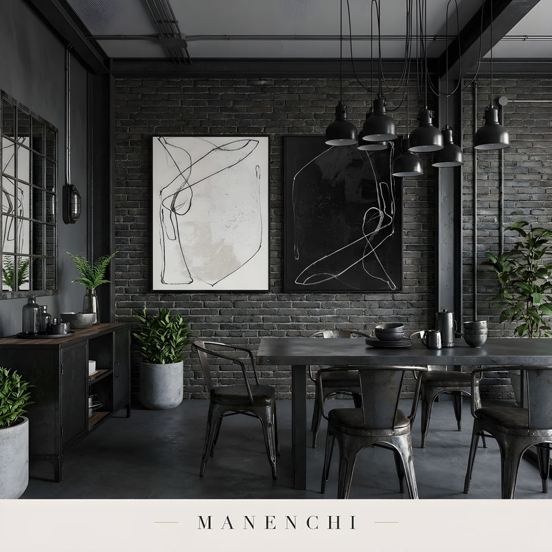 Monochrome Duality abstract painting displayed in industrial dining room