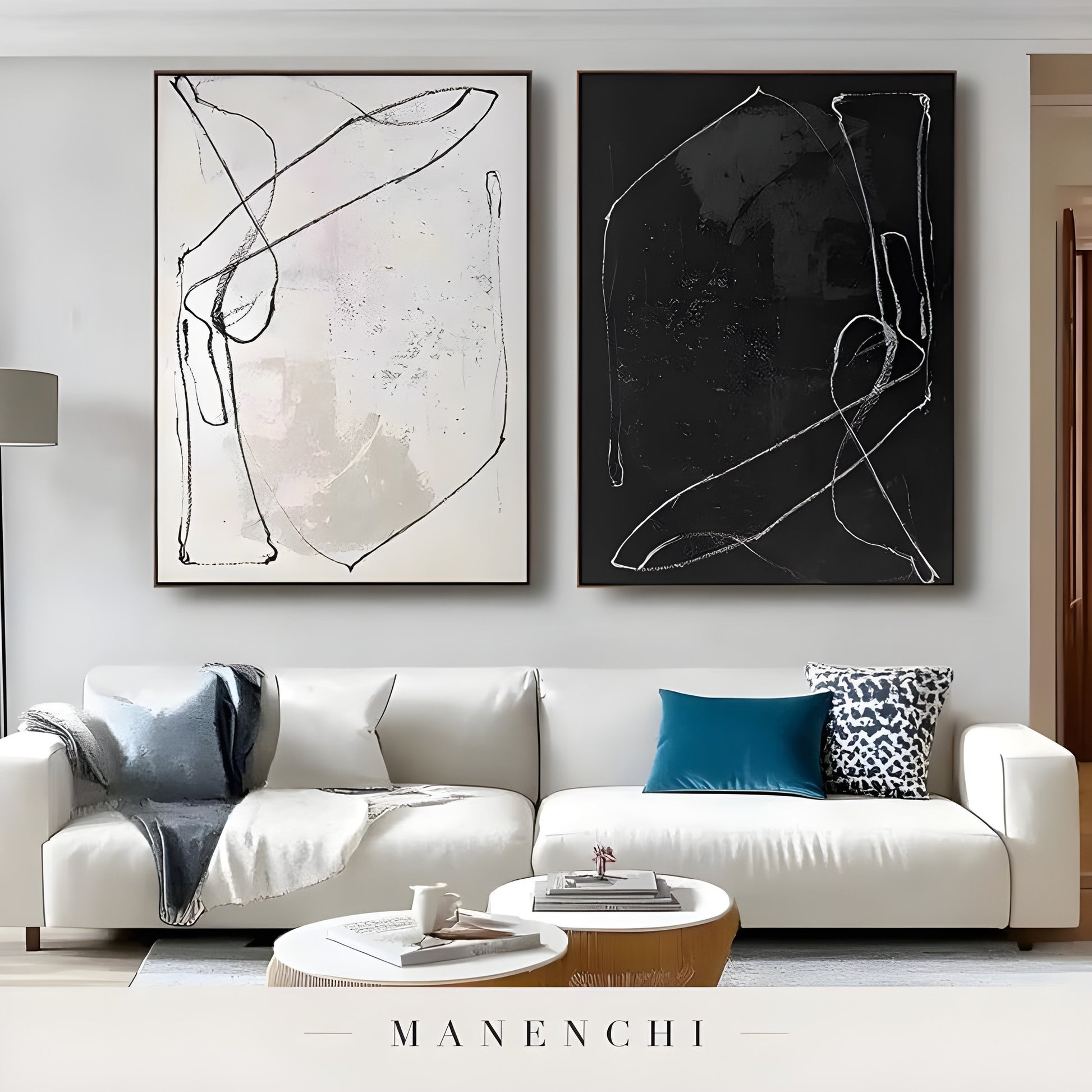 Monochrome Duality abstract painting displayed in living room