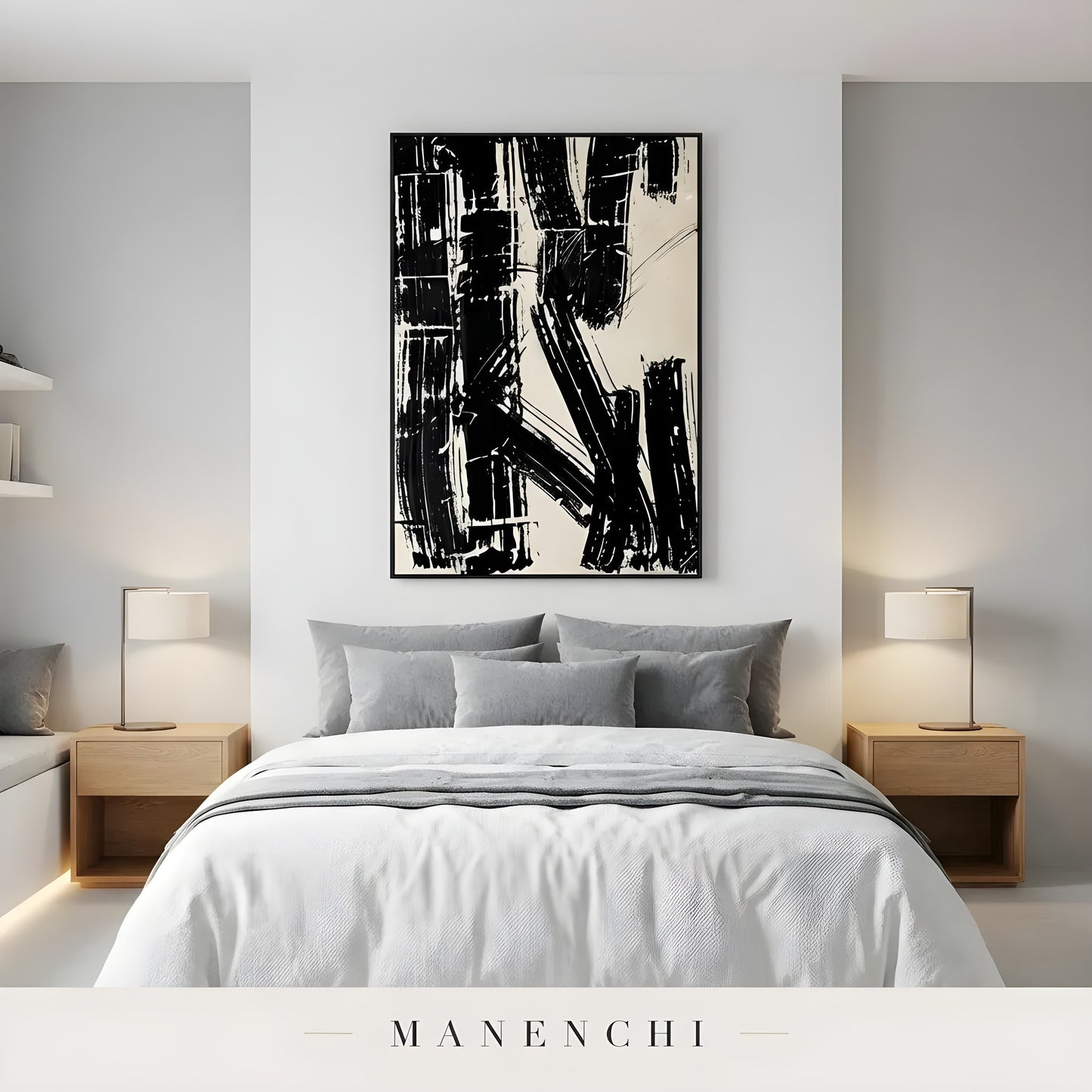Monochrome Kinetic Rhythm abstract painting displayed in bedroom with abstract painting