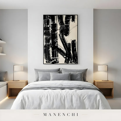 Monochrome Kinetic Rhythm abstract painting displayed in bedroom with abstract painting