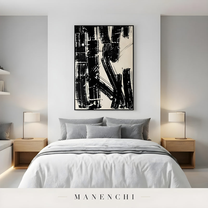 Monochrome Kinetic Rhythm abstract painting displayed in bedroom with abstract painting