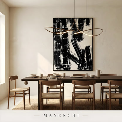 Monochrome Kinetic Rhythm abstract painting displayed in dining room table setup