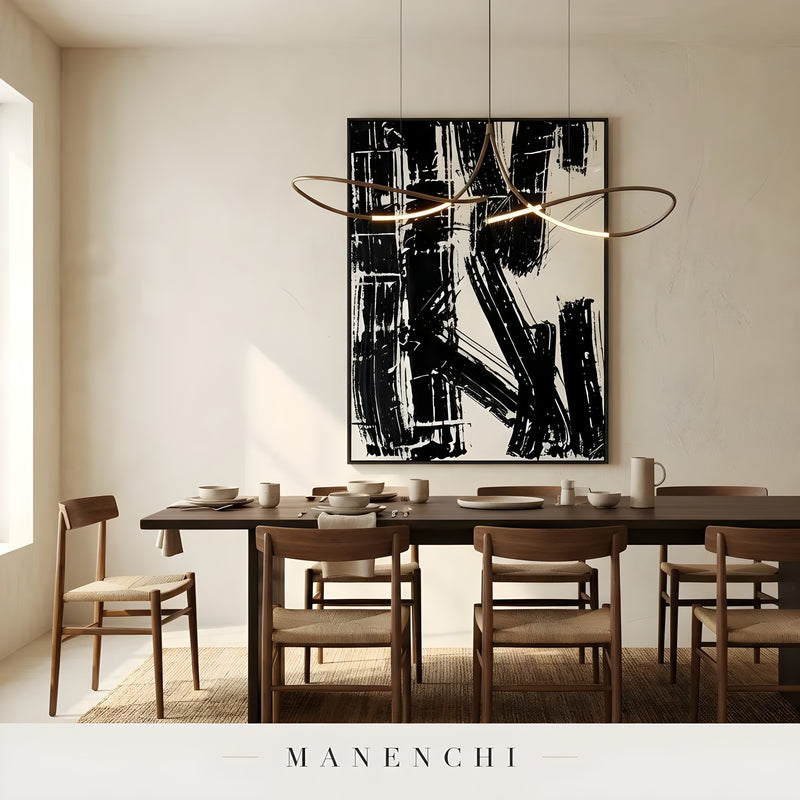 Monochrome Kinetic Rhythm abstract painting displayed in dining room table setup