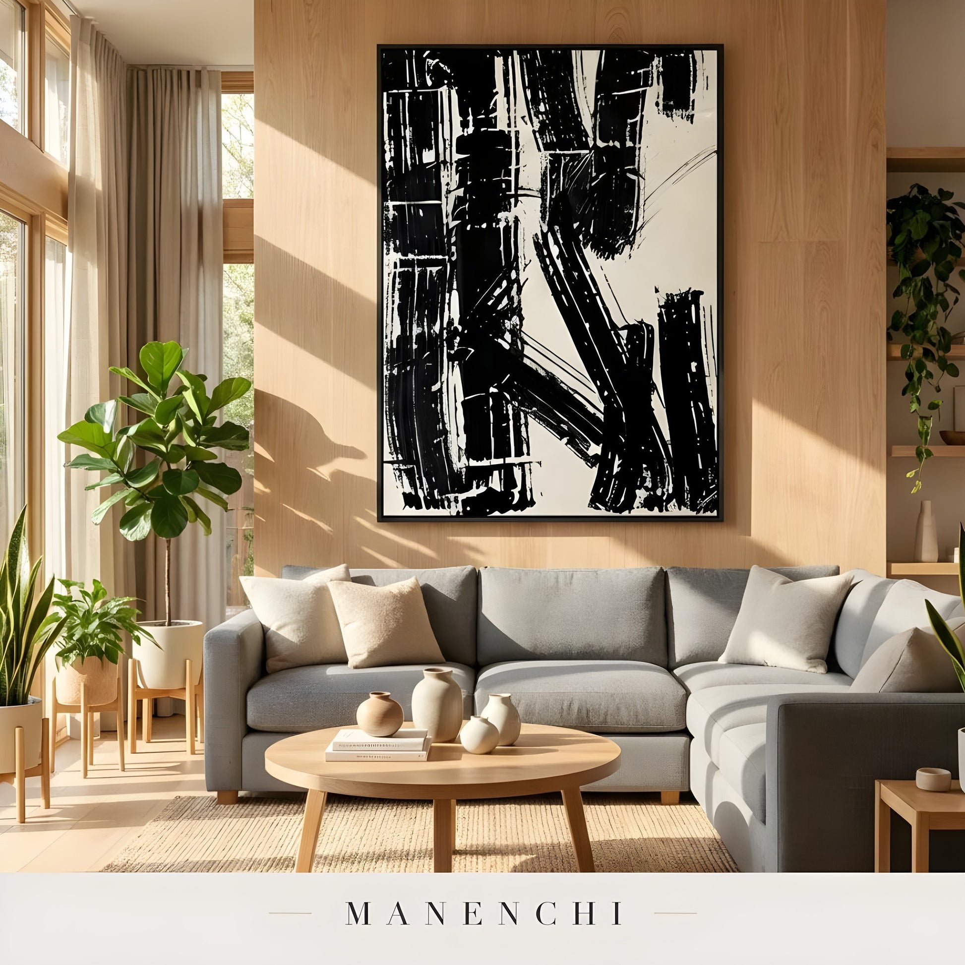 Monochrome Kinetic Rhythm abstract painting displayed in living room sofa decor