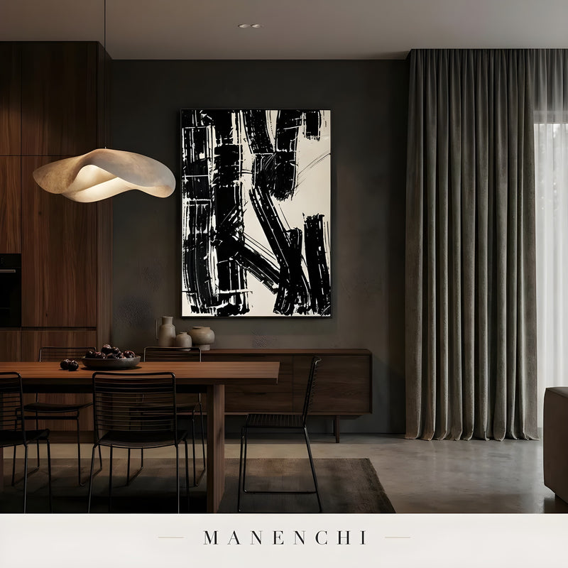 Monochrome Kinetic Rhythm abstract painting displayed in modern dining room interior