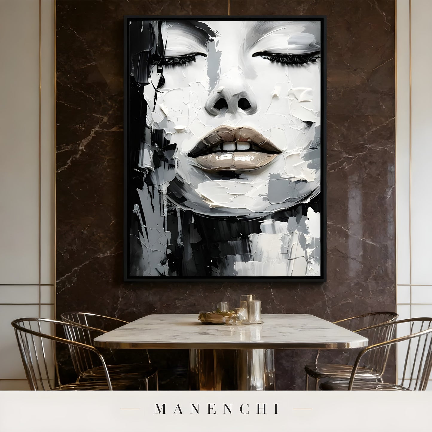 Monochrome Muse Persona portrait displayed in dining room marble
