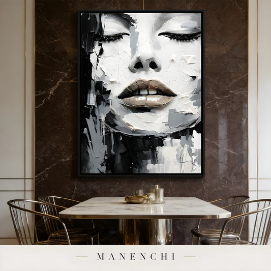 Monochrome Muse Persona portrait displayed in dining room marble