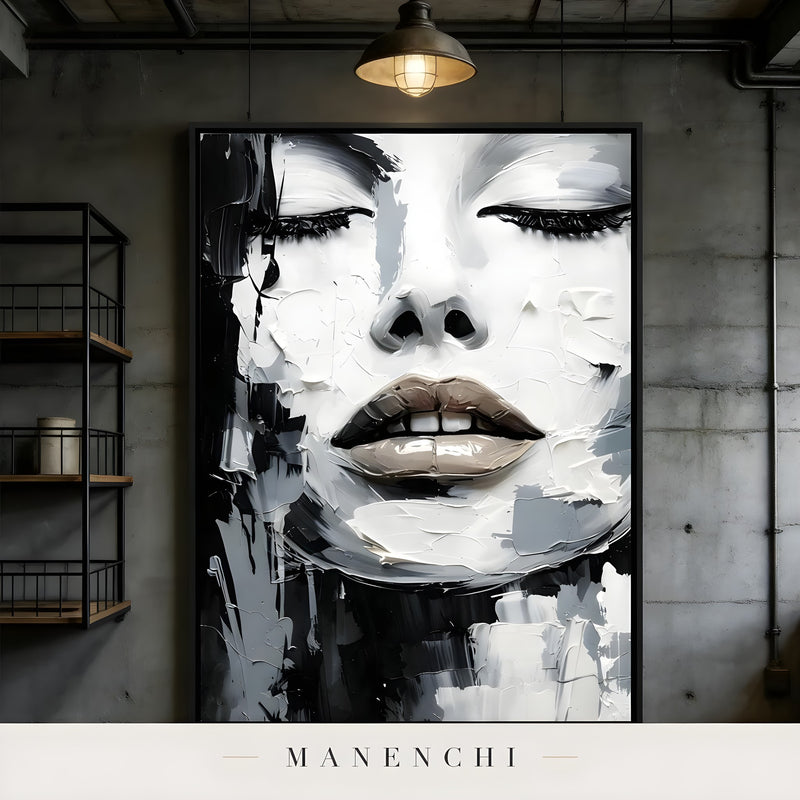Monochrome Muse Persona portrait displayed in industrial bedroom wall