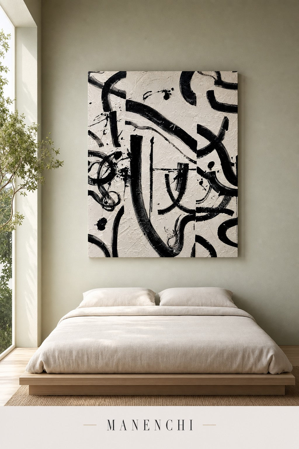 Monochrome Rhythm abstract painting displayed in a modern bedroom