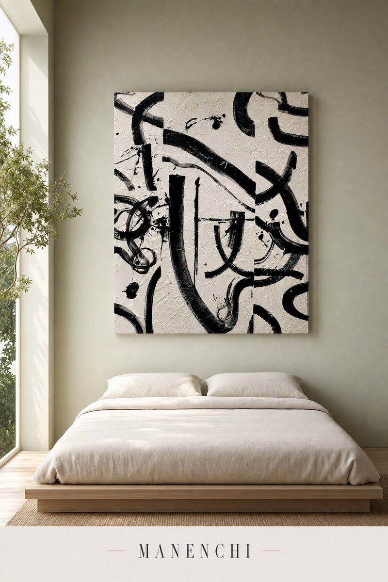 Monochrome Rhythm abstract painting displayed in a modern bedroom