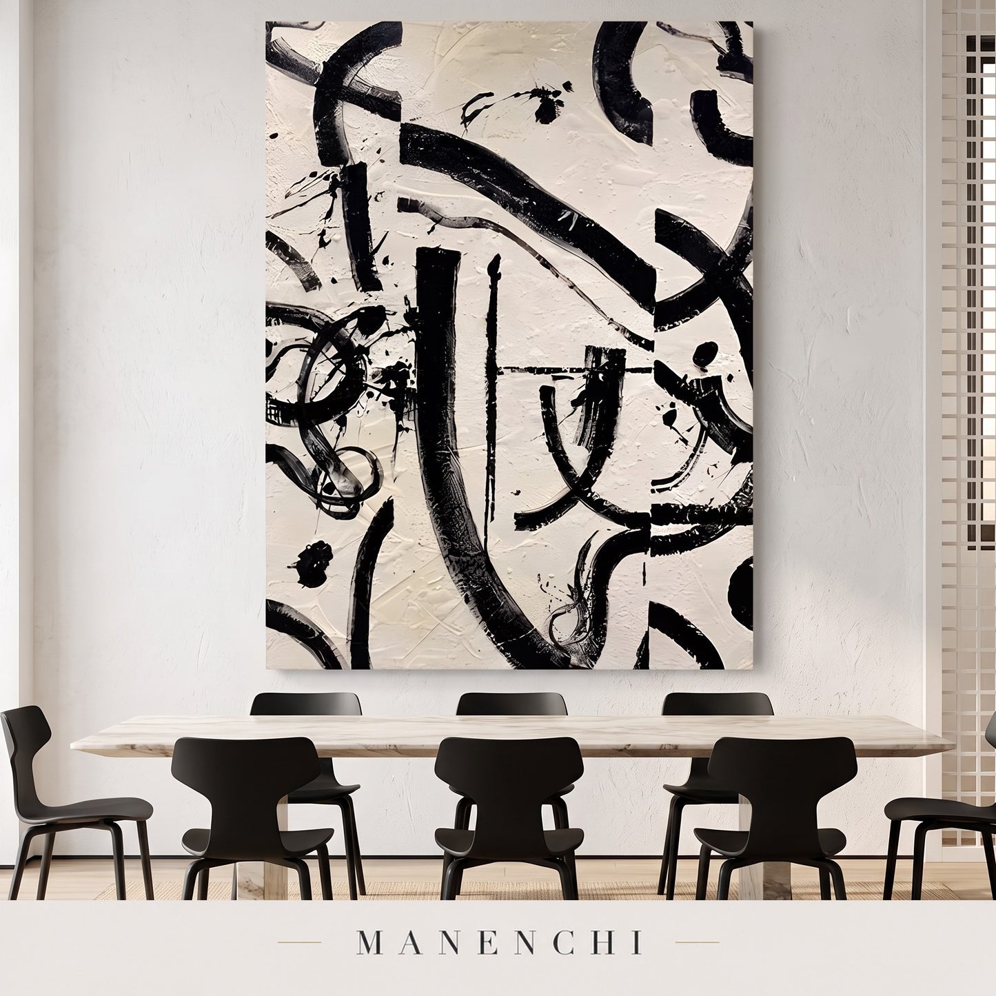 Monochrome Rhythm abstract painting displayed in a dining room