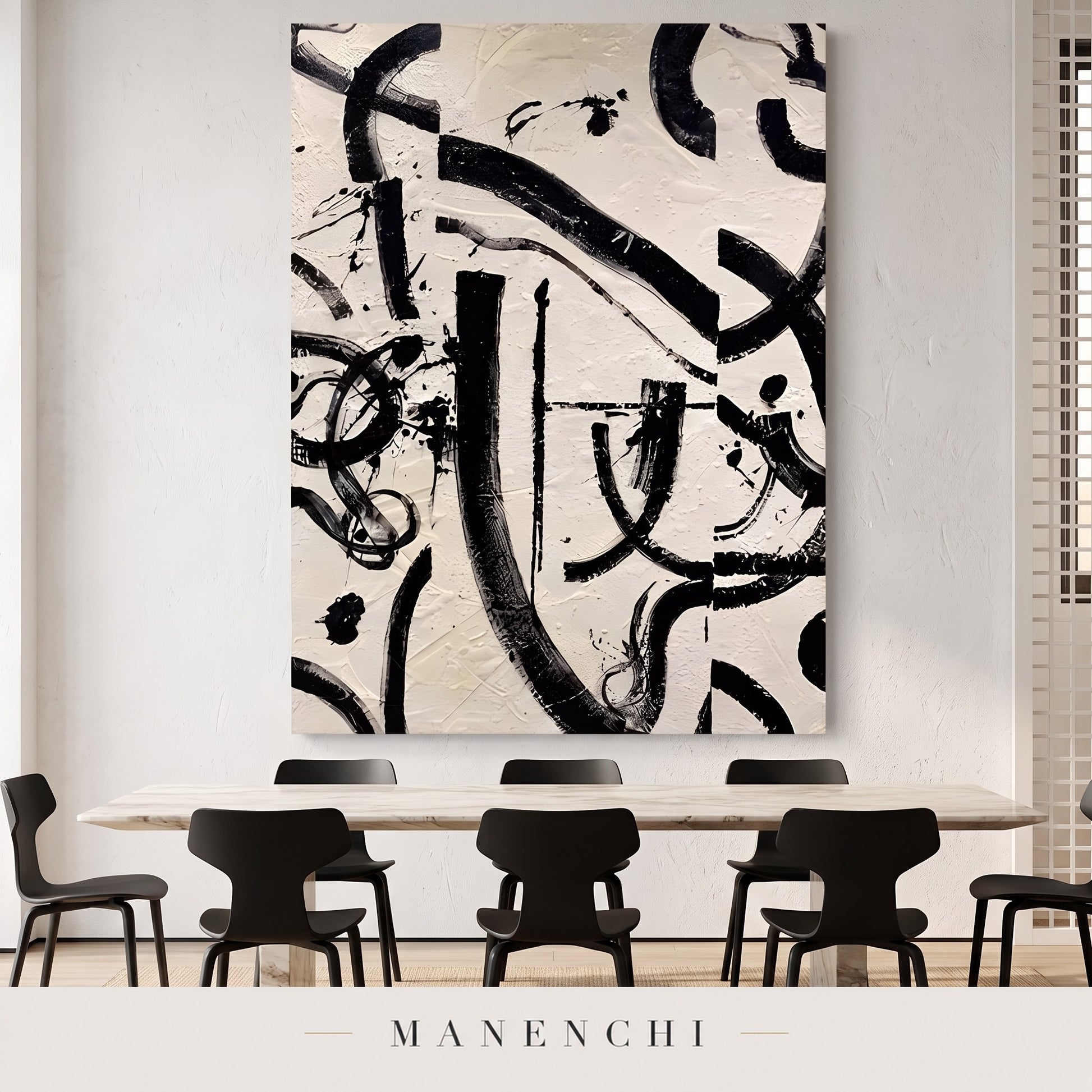 Monochrome Rhythm abstract painting displayed in a dining room