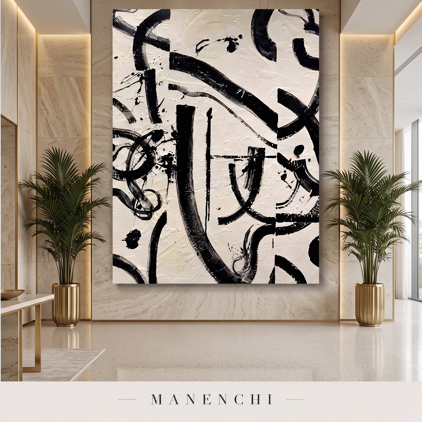 Monochrome Rhythm abstract painting displayed in an entryway