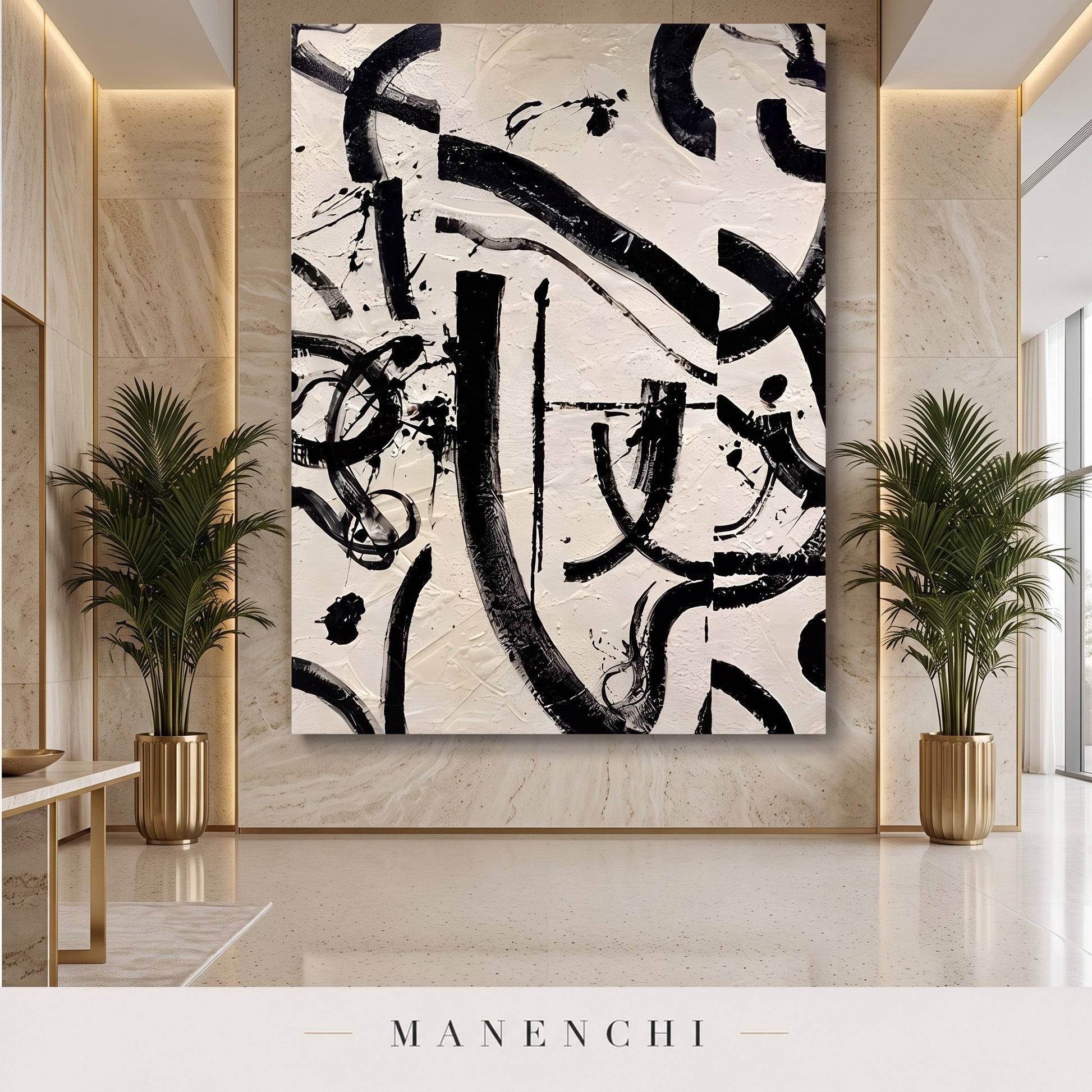 Monochrome Rhythm abstract painting displayed in an entryway