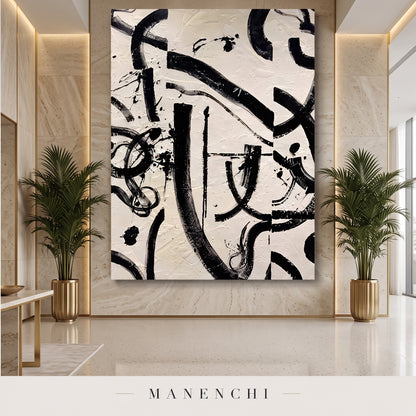 Monochrome Rhythm abstract painting displayed in an entryway
