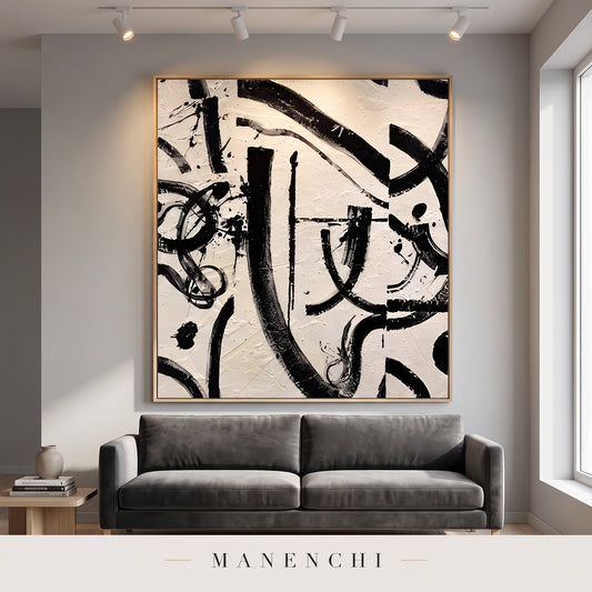 Monochrome Rhythm abstract painting displayed in a modern living room