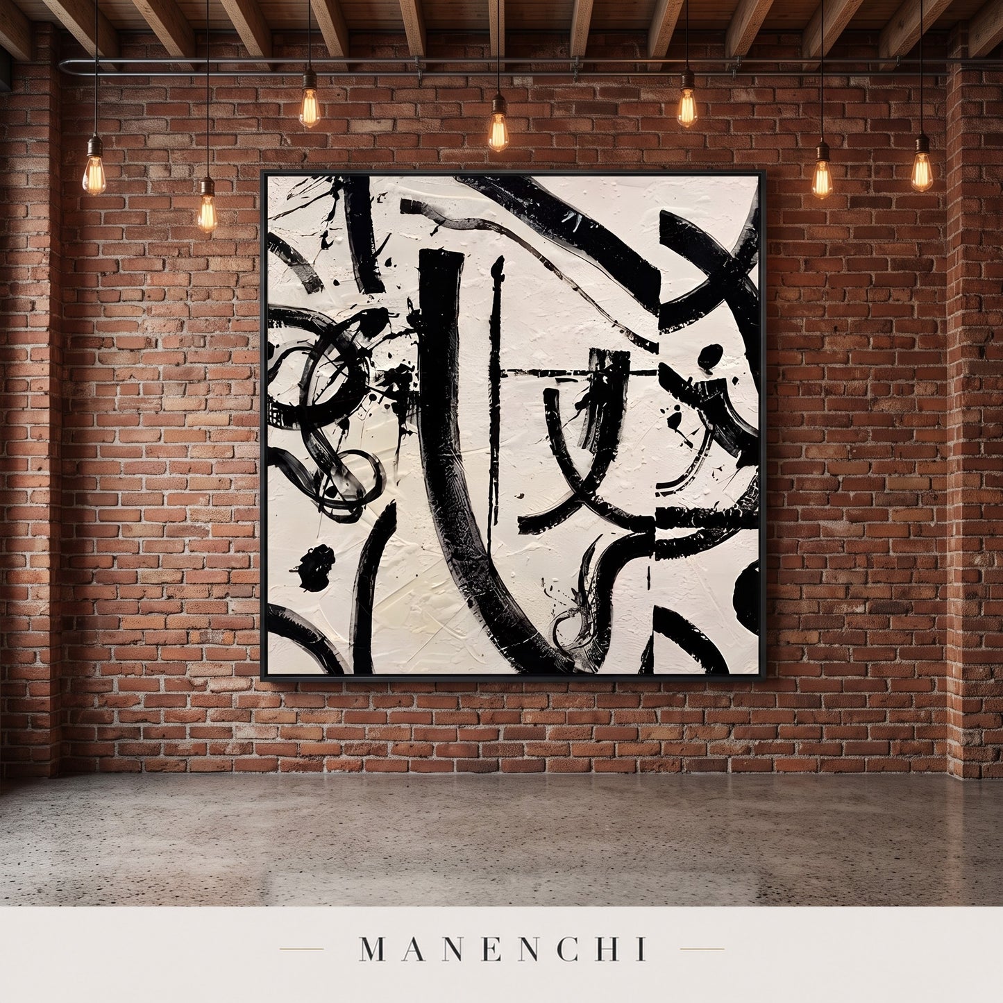 Monochrome Rhythm abstract painting displayed in a loft