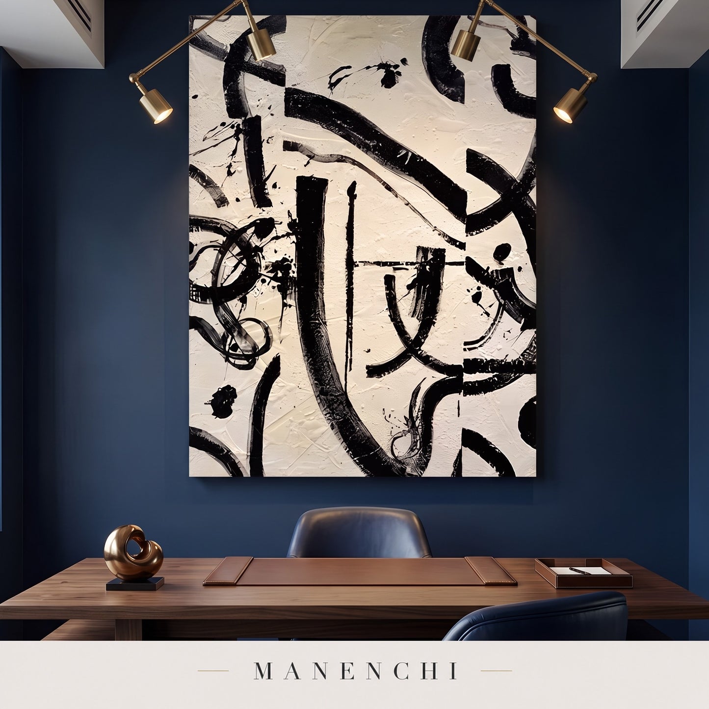 Monochrome Rhythm abstract painting displayed in a study
